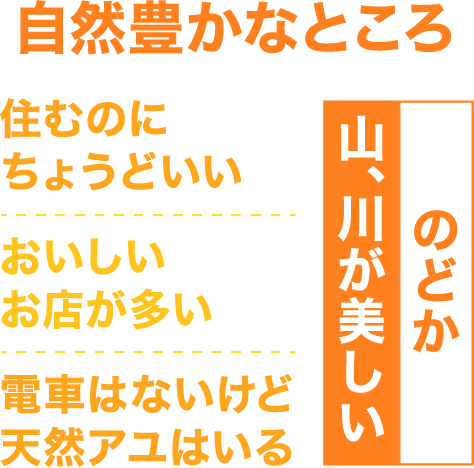 自然豊かなところ、住むのにちょうどいい、おいしいお店が多い、電車はないけど天然アユはいる、のどか、山、川が美しい