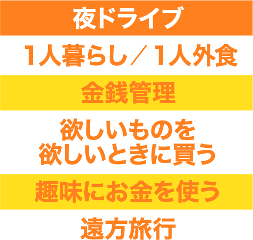 夜ドライブ、１人暮らし/１人外食、金銭管理、欲しいものを欲しいときに買う、趣味にお金を使う、遠方旅行